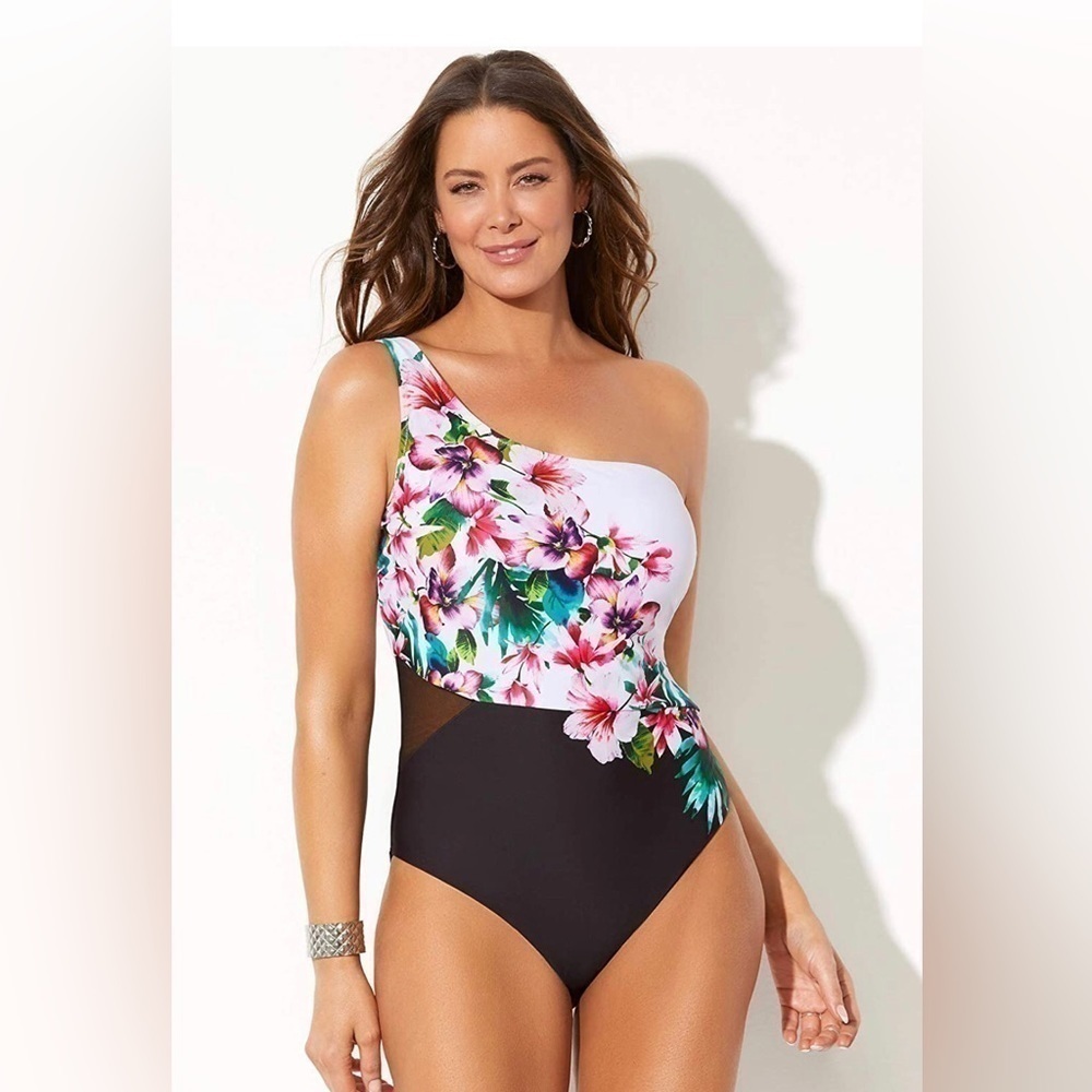 New - SWIMSUITS FOR ALL - Pink Floral One Shoulder One Piece Swimsuit - Size 26
